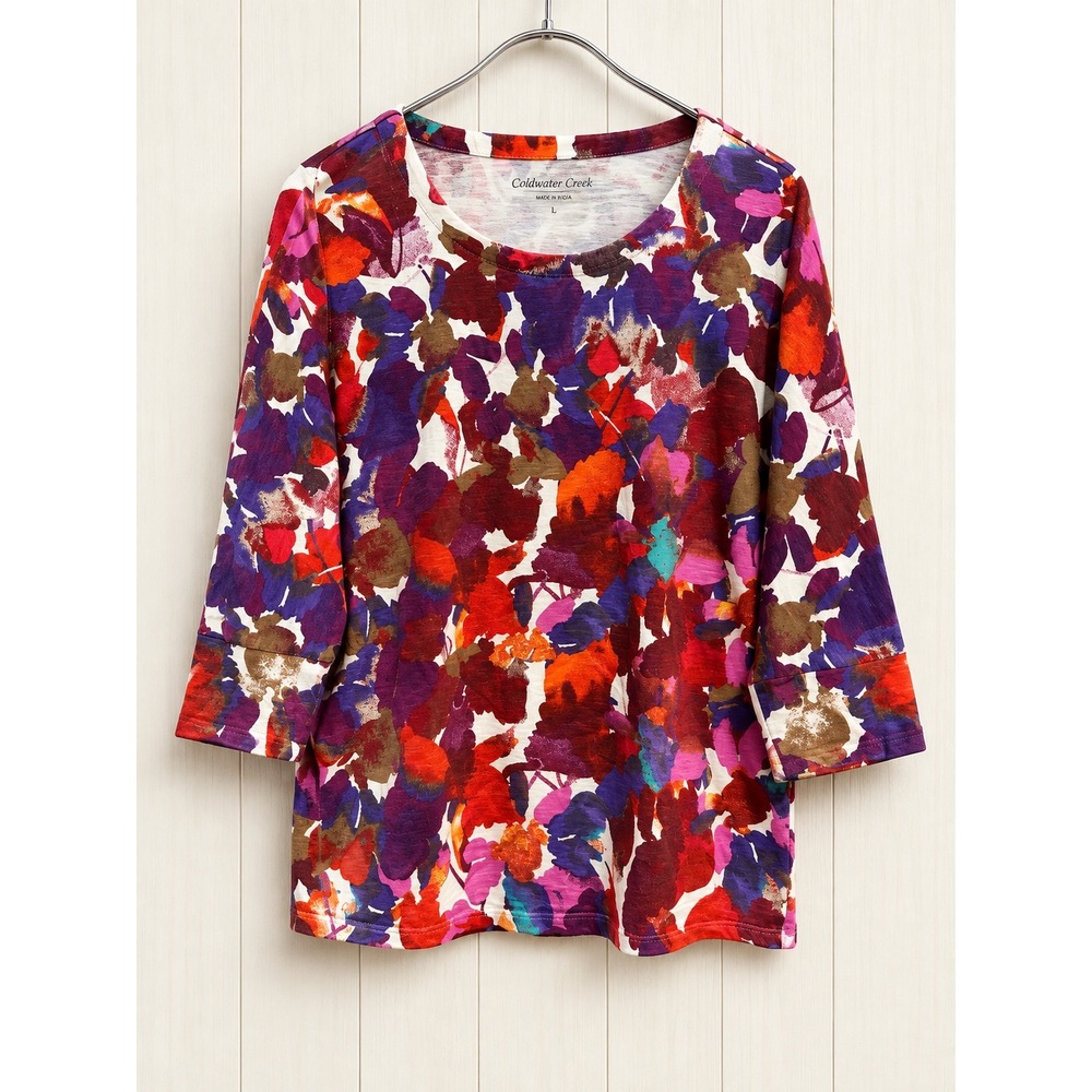 Coldwater Creek Womens L 14 Abstract Floral 3/4 Sleeve Scoop Neck Knit Top Red